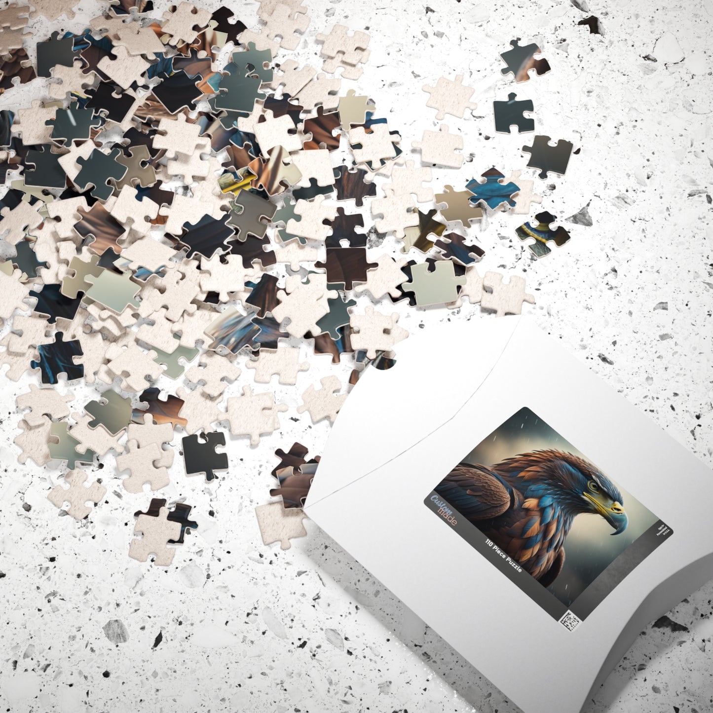 Talon Resilience - Brooding Eagle Portrait Puzzle with Dark Blue Feathers on Stormy Rainy Background