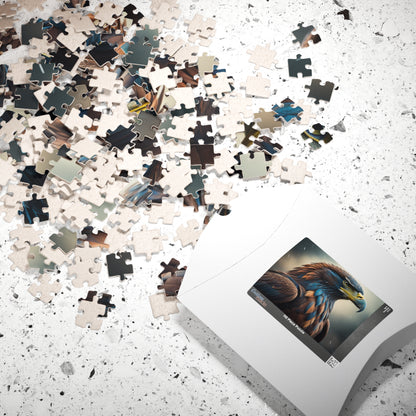 Talon Resilience - Brooding Eagle Portrait Puzzle with Dark Blue Feathers on Stormy Rainy Background