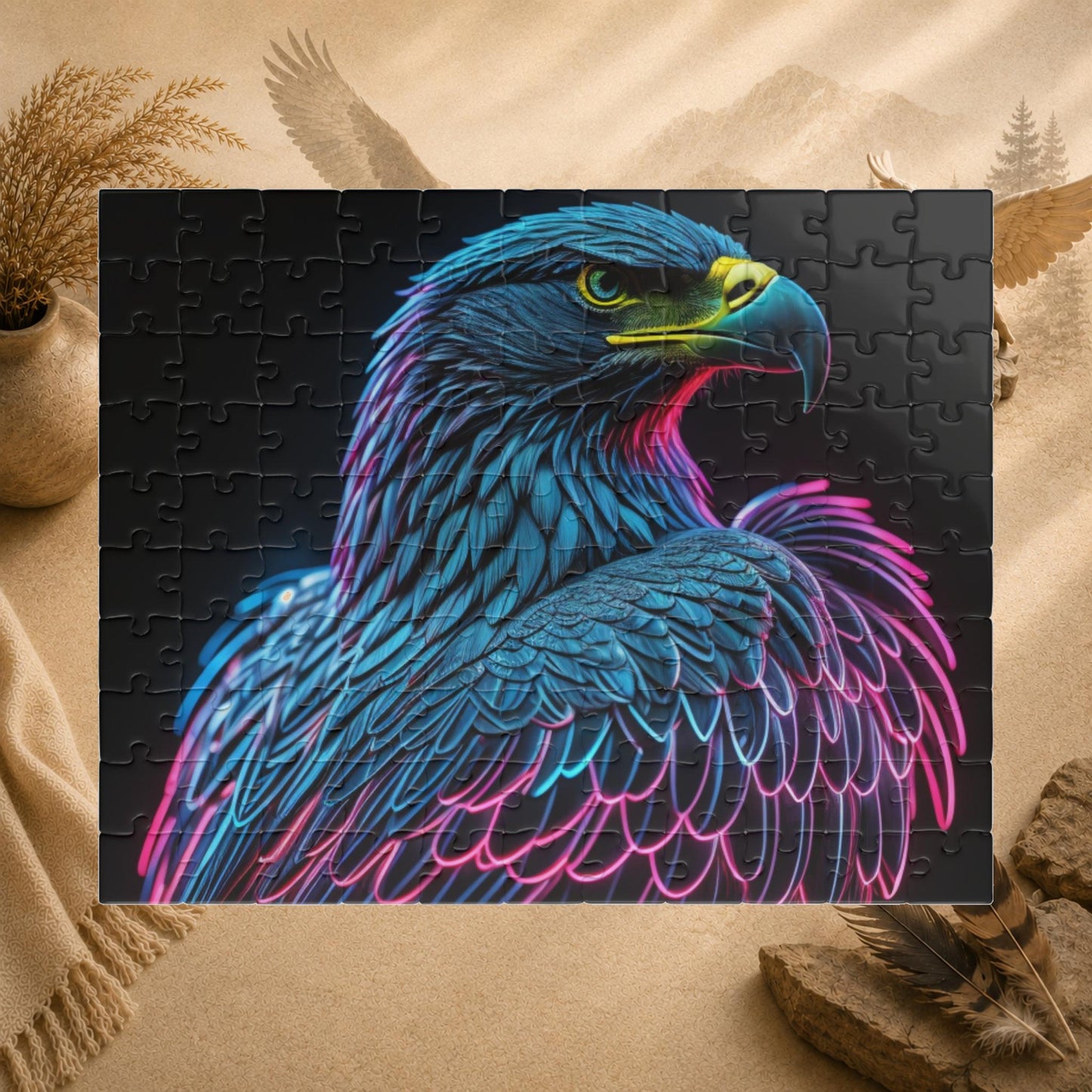Wings of Resilience - Neon Eagle Portrait Puzzle with Teal Feathers and Pink Neon Outlines on Black