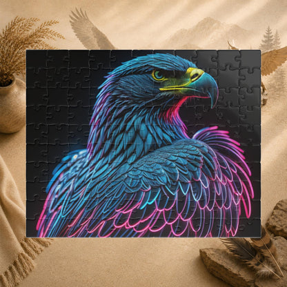 Wings of Resilience - Neon Eagle Portrait Puzzle with Teal Feathers and Pink Neon Outlines on Black
