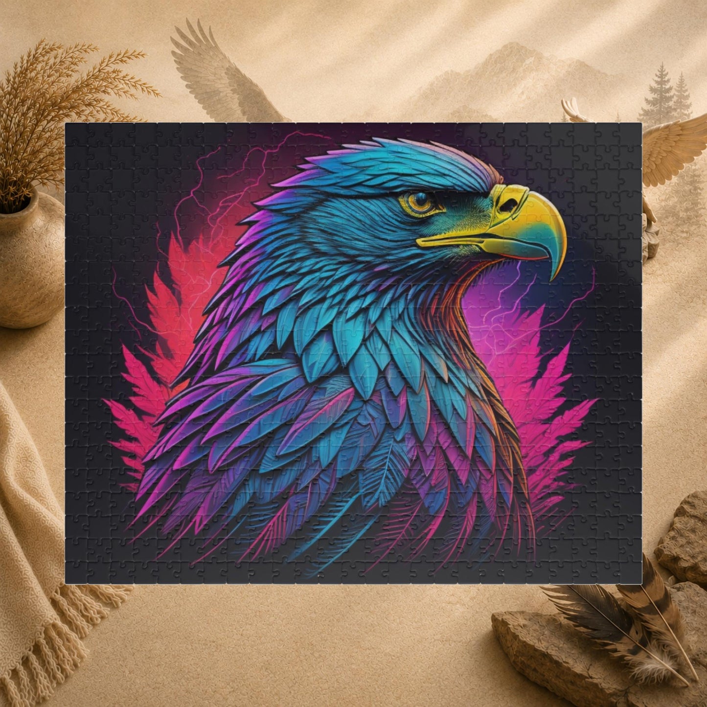 Triumphant Talons - Blacklight Neon Eagle Head Puzzle with Teal and Purple Feathers on Deep Black