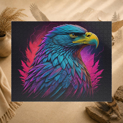 Triumphant Talons - Blacklight Neon Eagle Head Puzzle with Teal and Purple Feathers on Deep Black