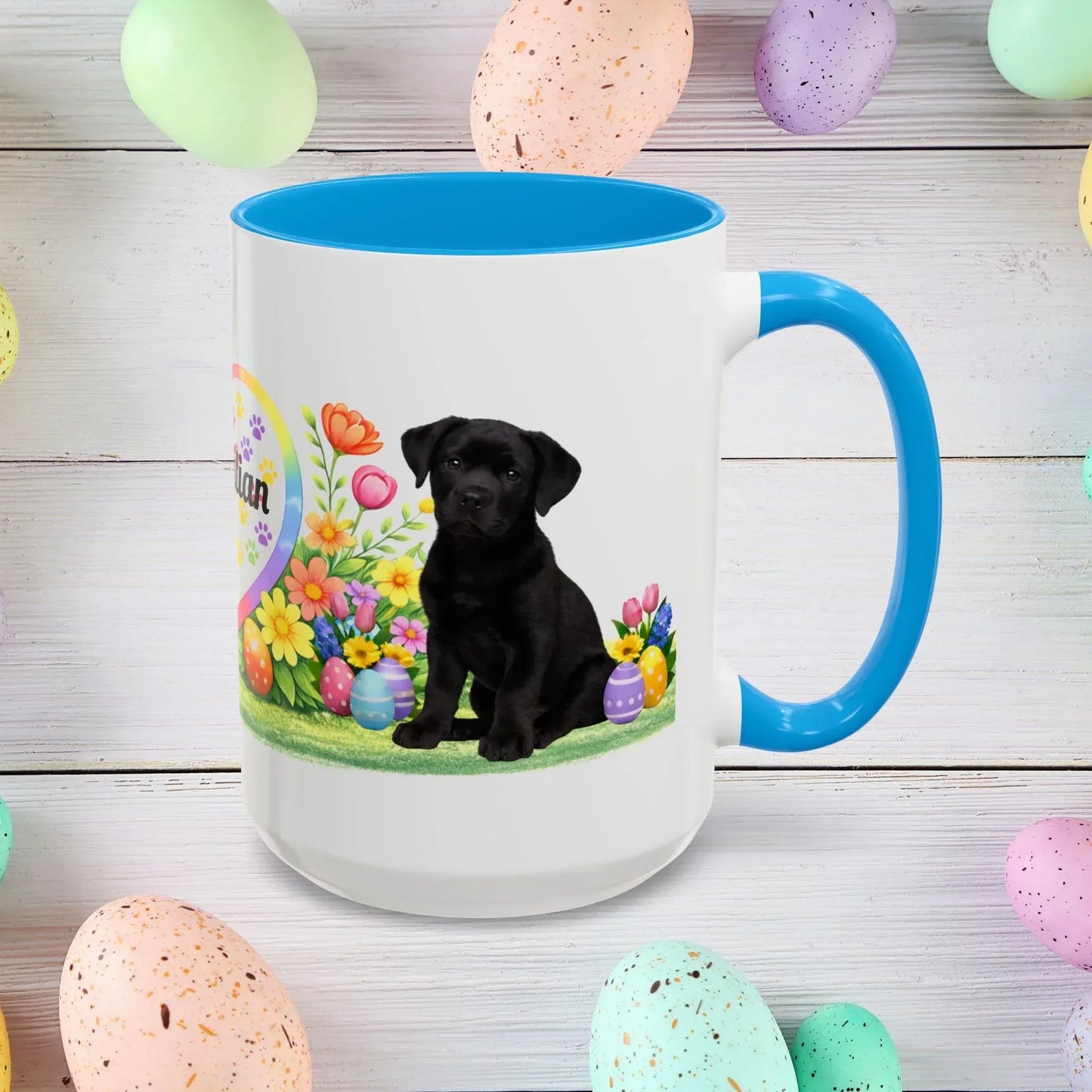 Shop our rottweiler black puppy easter mug featuring the 15oz style option from MySisterIsASurvivor.