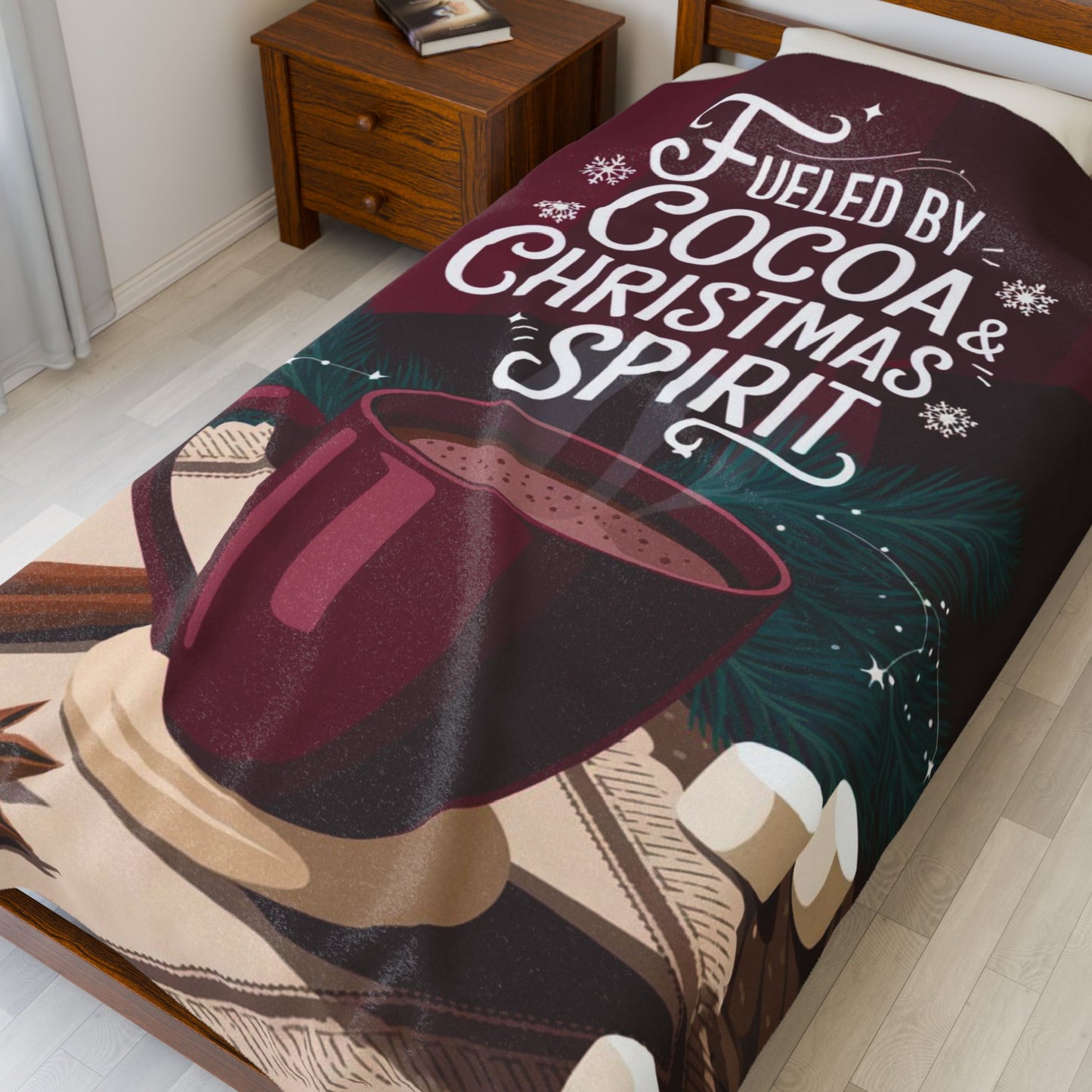 Holiday blanket “Fueled by Cocoa & Christmas Spirit” cozy Christmas throw for warmth and fun