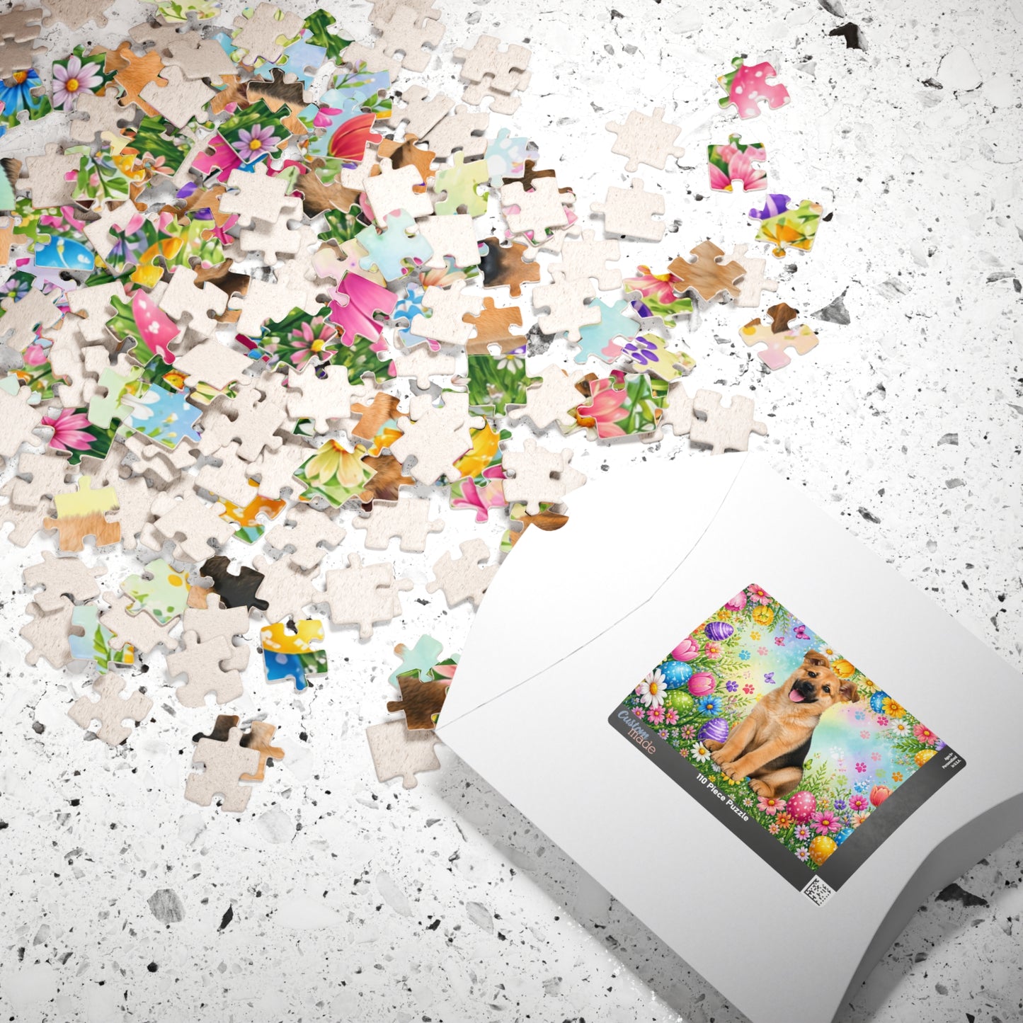 German Shepherd (Black & Tan) Easter Puppy Puzzle - Tulips, Easter Eggs, and Butterflies