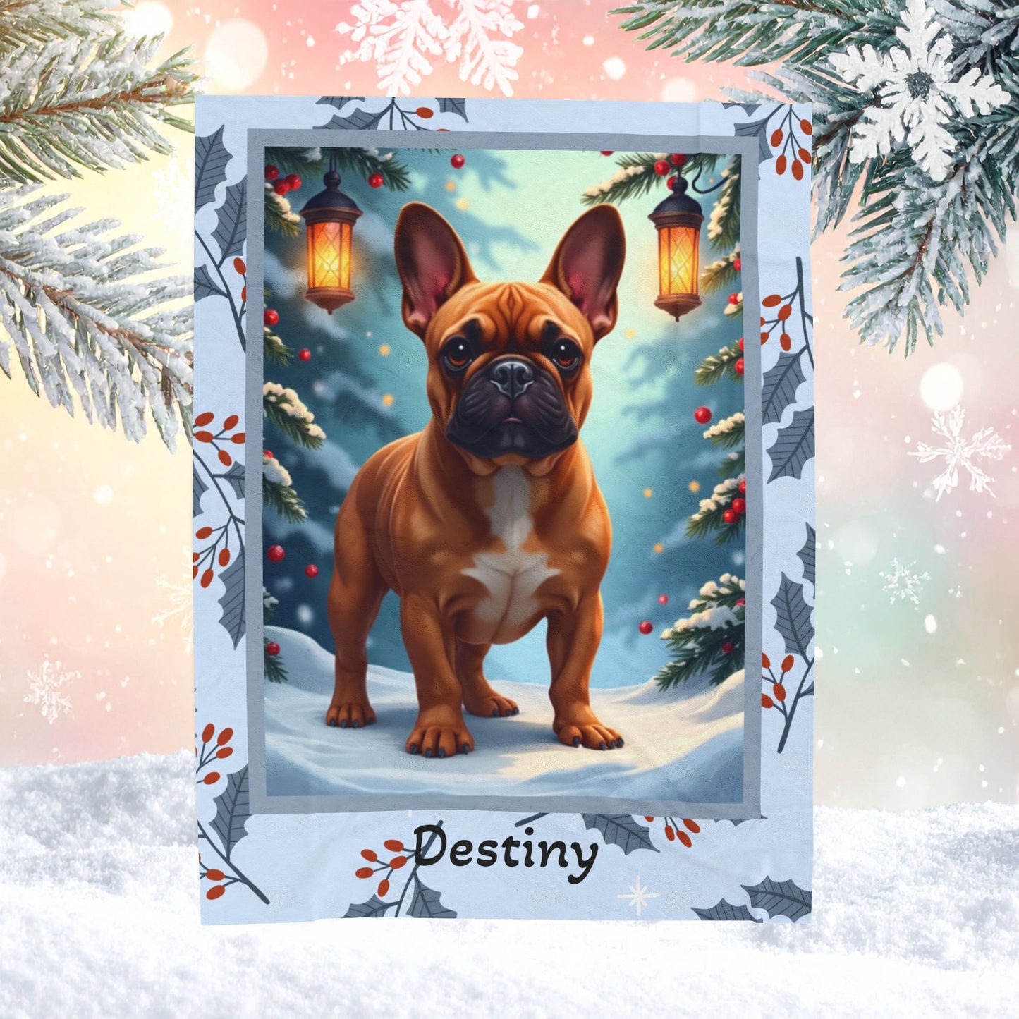 French Bulldog Red Fawn personalized winter throw with adorable Frenchie art and festive snowy lodge background
