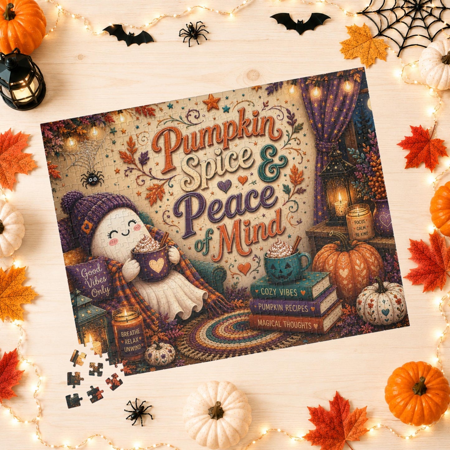 Pumpkin Spice and Peace of Mind Halloween Puzzle - Cozy Ghost with Heart Mug, Good Vibes Pillow, and Pumpkin Recipe Books