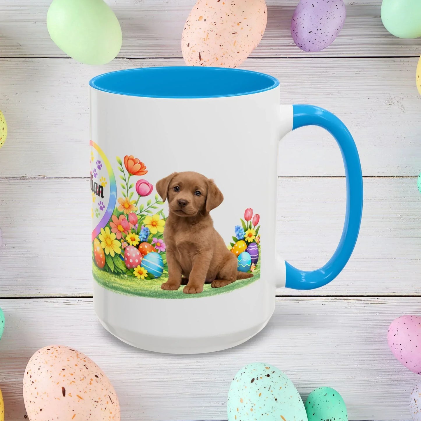 Shop our labrador retriever chocolate light puppy easter mug featuring the 15oz style option from MySisterIsASurvivor.