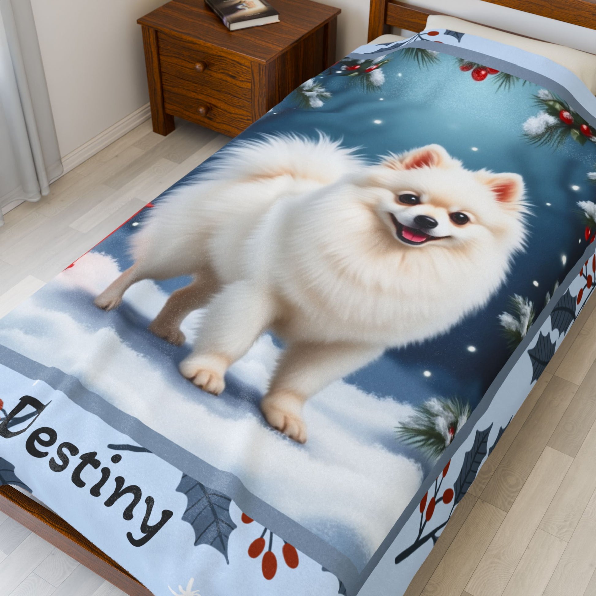 Pomeranian White custom winter blanket showing a snowy white Pom in a crisp illustrated lodge background