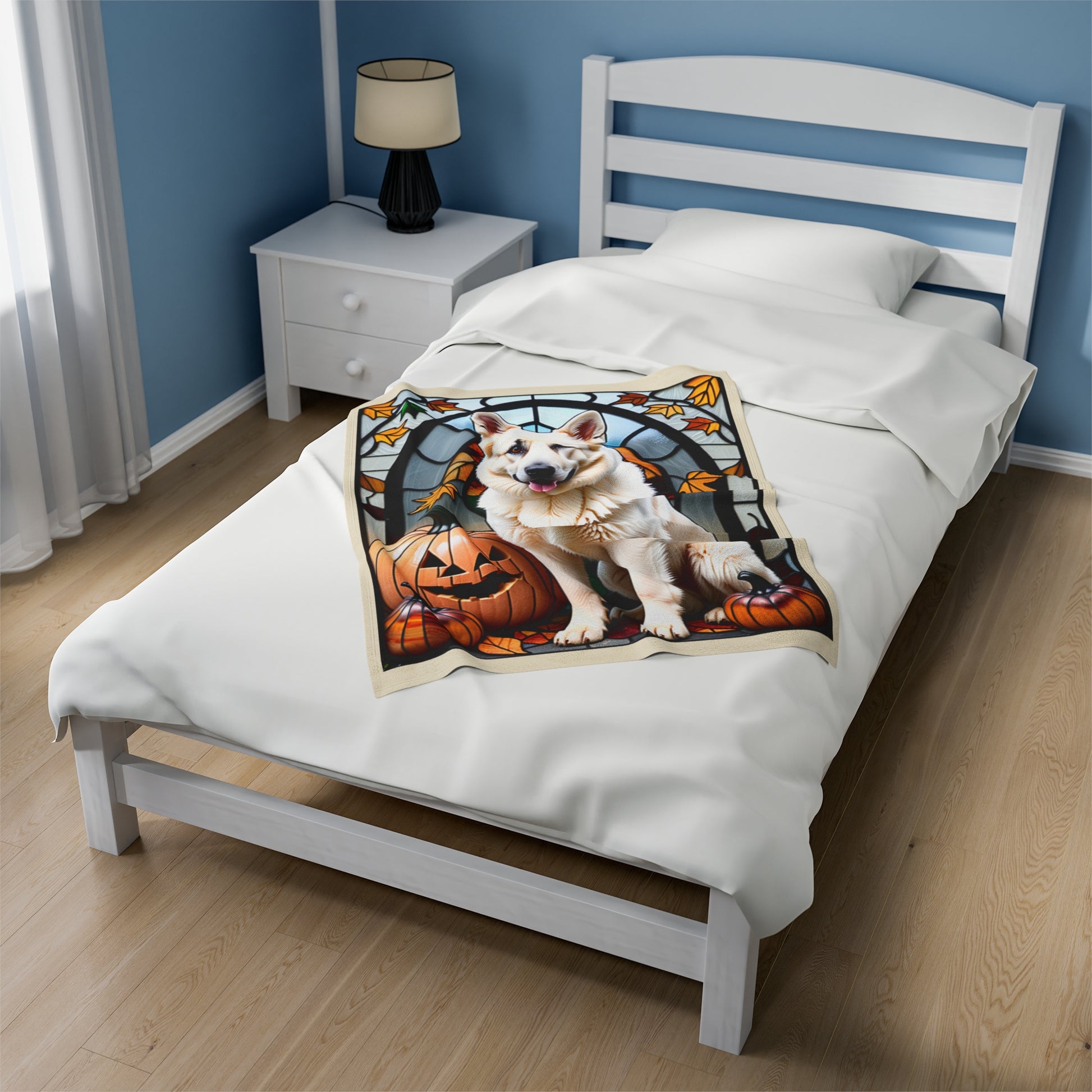 White German Shepherd stained glass velveteen blanket, soft plush throw for dog moms and pet owners