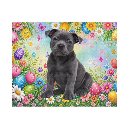 Pitbull (Blue) Easter Puppy Puzzle - Spring Garden with Eggs, Tulips, and Daisies