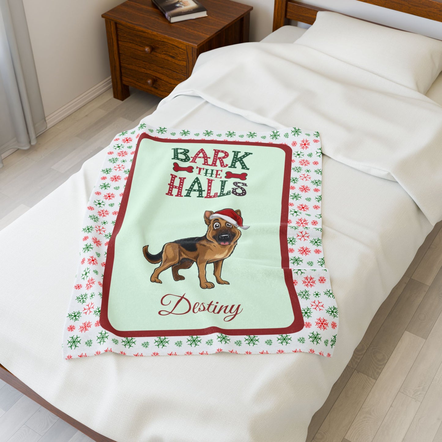 German Shepherd Personalized Velveteen Blanket - Breed-specific cozy Bark The Halls dog throw
