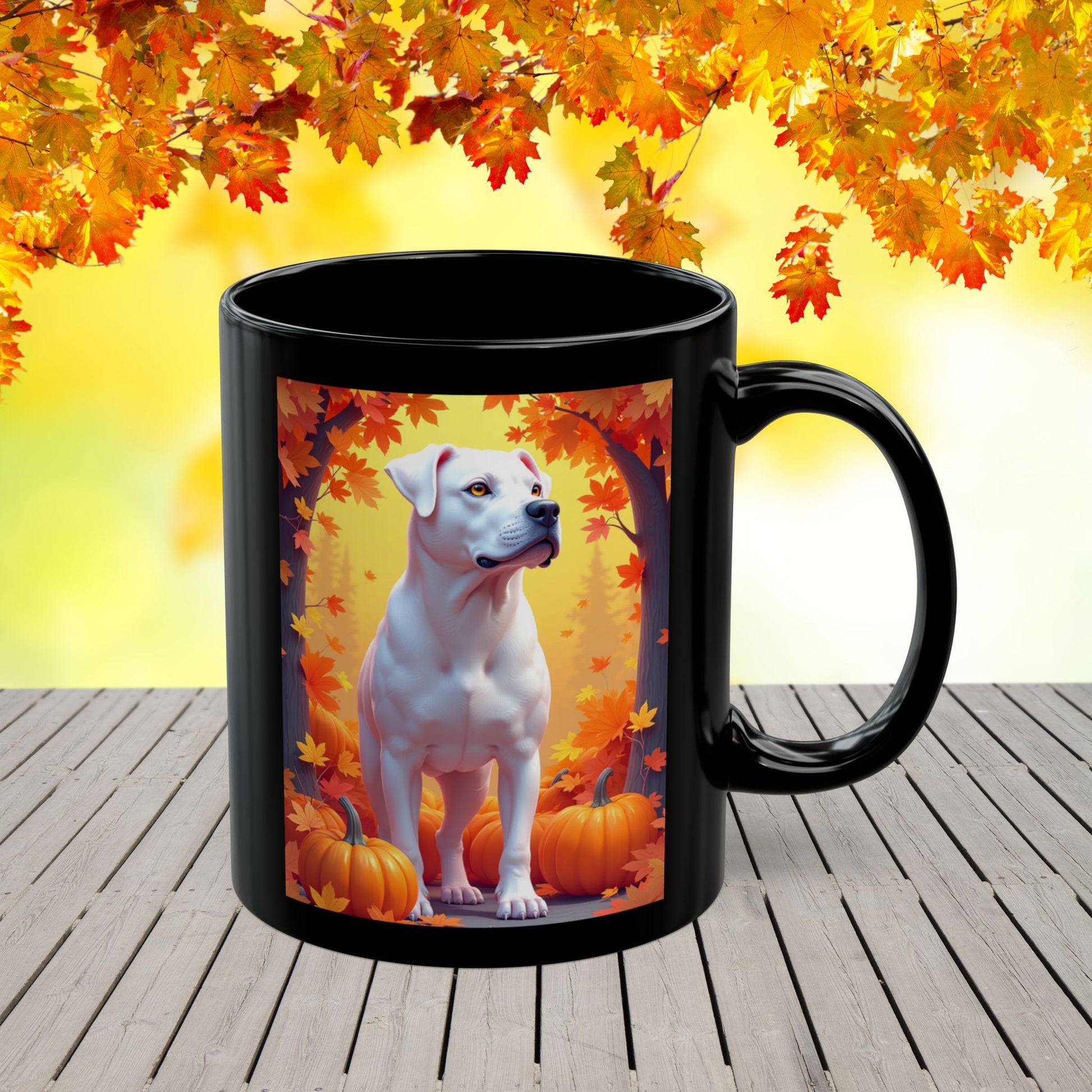 Rottweiler (White) personalized autumn coffee mug, custom dog lover fall coffee cup for Rottweiler owners