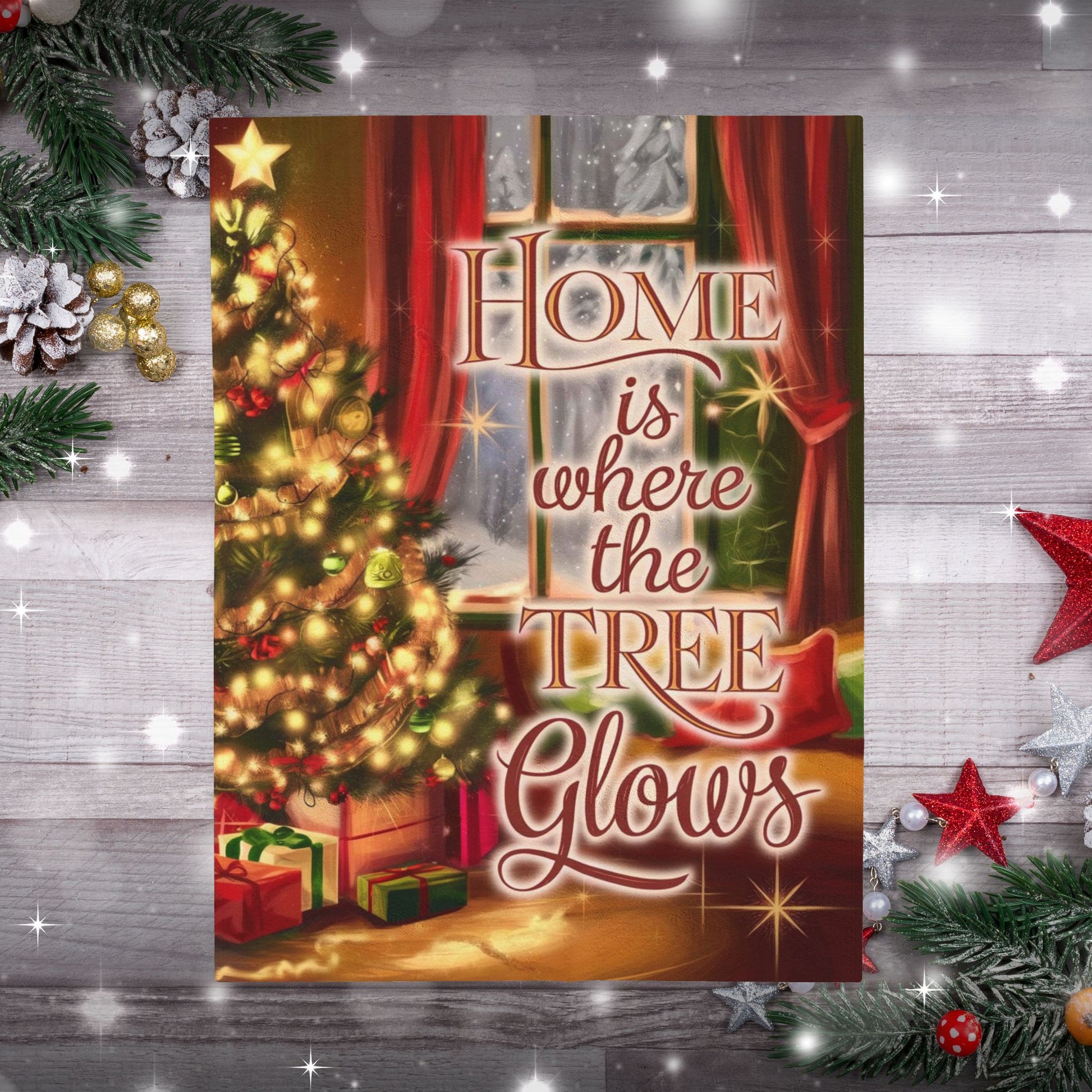 Christmas blanket “Home Is Where the Tree Glows” cozy festive throw with glowing winter design