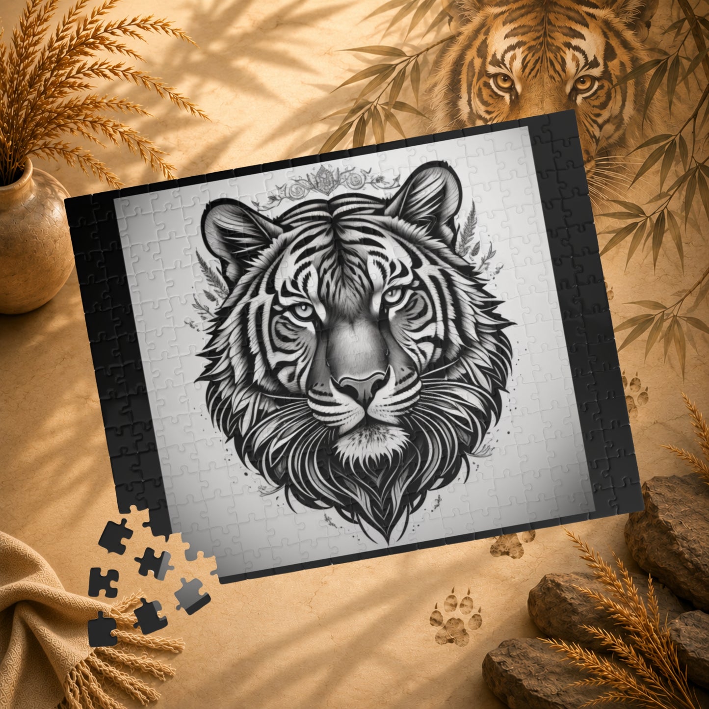 Jigsaw puzzle with a tiger design on a white background