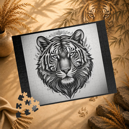 Jigsaw puzzle with a tiger design on a white background