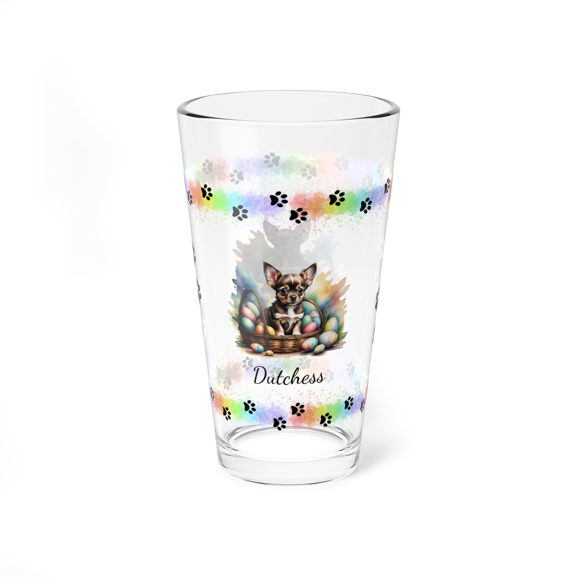 Chihuahua (Black Tri) Personalized Easter Puppy 16oz Pint Glass - Custom Dog Design, Mental Health Gift, Easter Décor, and Festive Celebrations