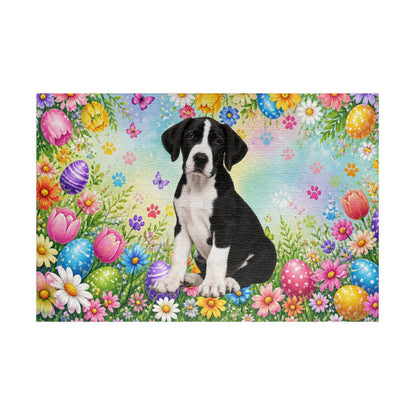 Great Dane (Mantle) Easter Puppy Puzzle - Spring Garden with Eggs, Tulips, and Daisies