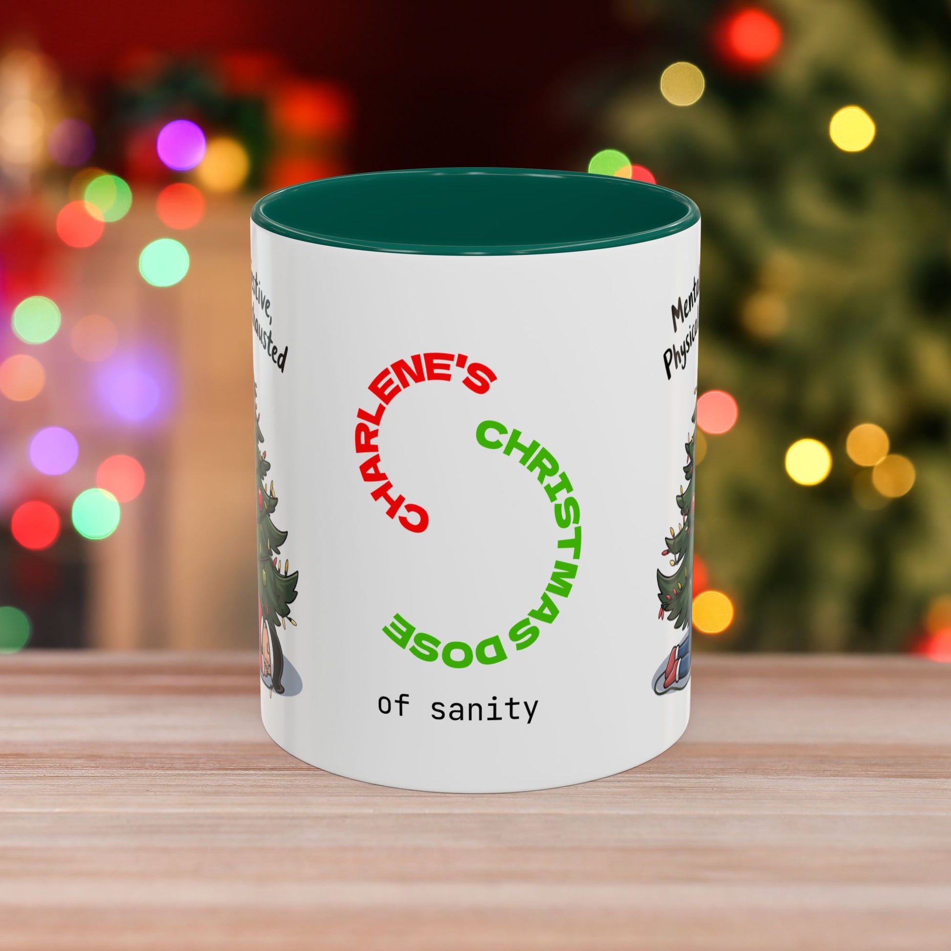 Mentally Festive, Physically Exhausted - Christmas Mug with Colorful Design and Accent Color