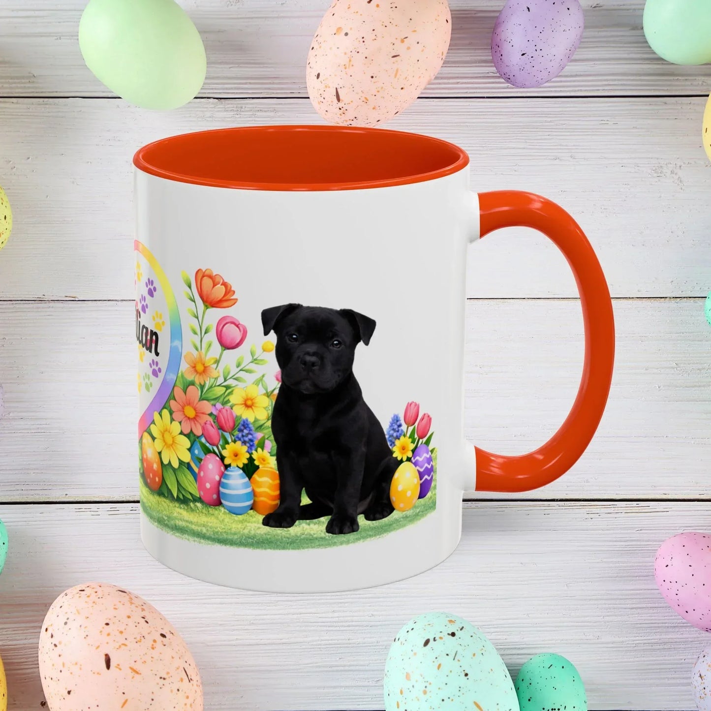 Shop our pitbull black puppy easter mug featuring the 11oz style option from MySisterIsASurvivor.
