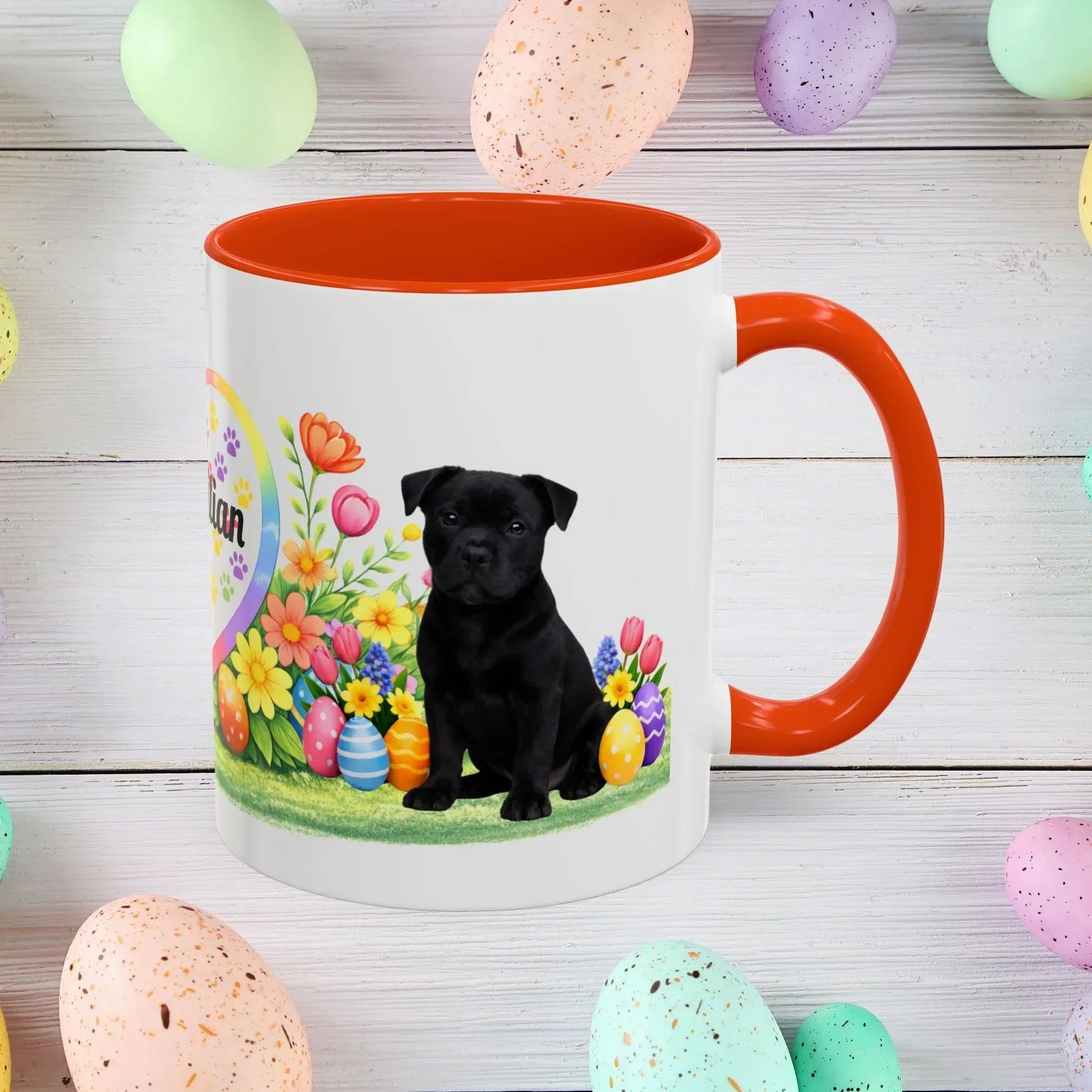 Shop our pitbull black puppy easter mug featuring the 11oz style option from MySisterIsASurvivor.
