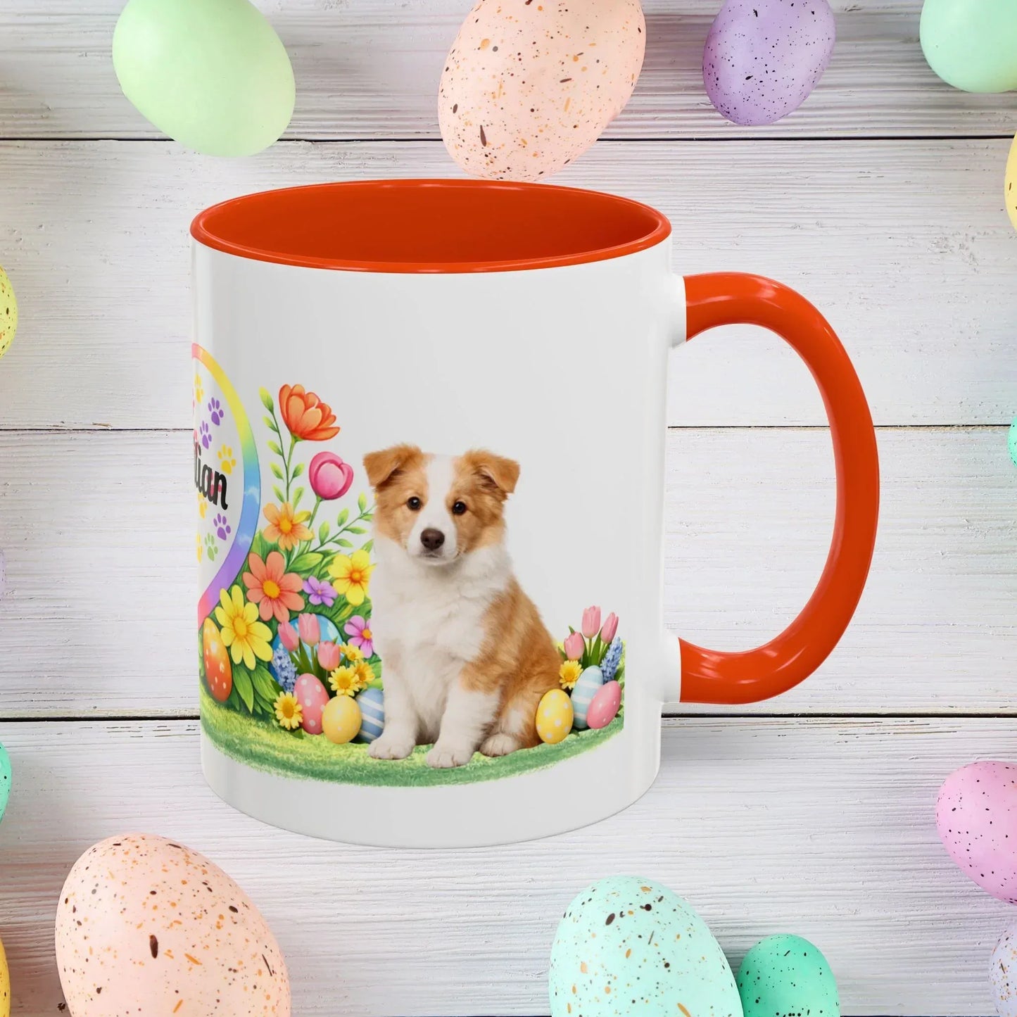 Shop our border collie gold puppy easter mug featuring the 11oz style option from MySisterIsASurvivor.