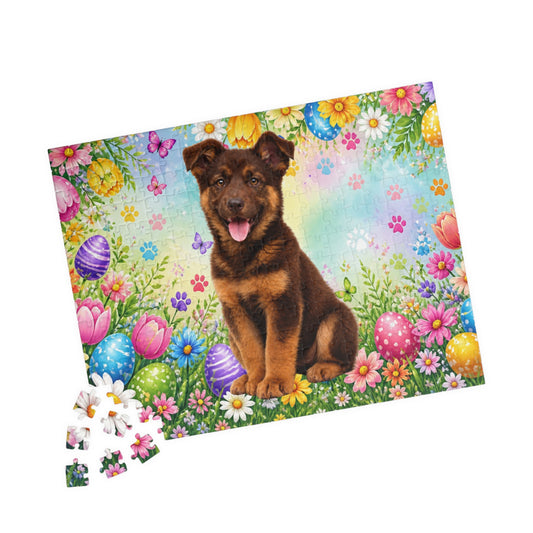 German Shepherd (Liver) Easter Puppy Puzzle - Spring Garden with Eggs and Wildflowers
