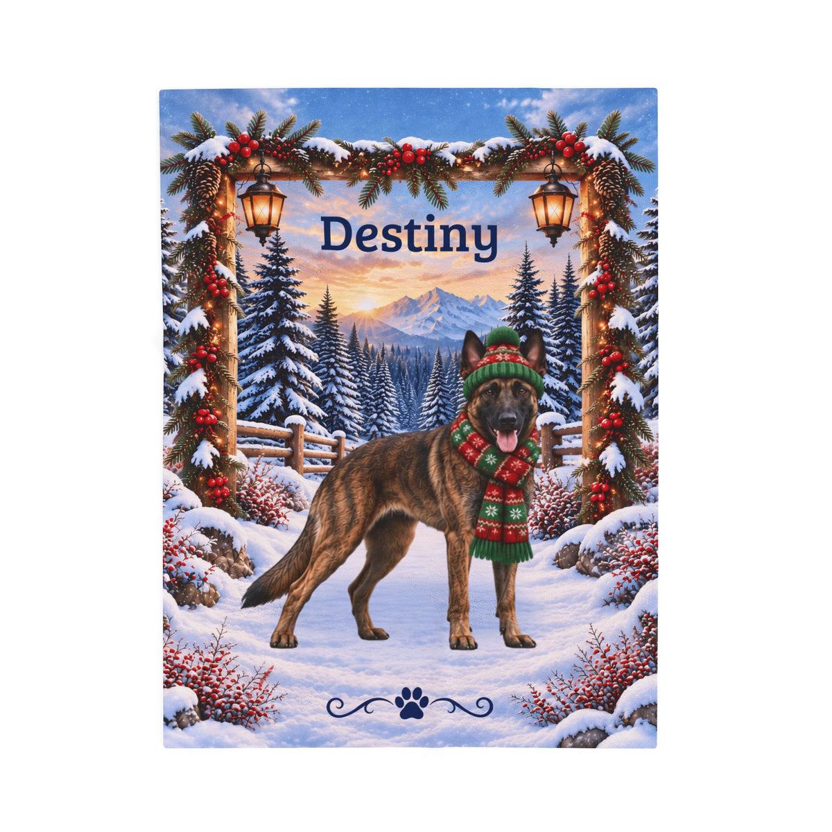 Belgian Malinois (Brindle Coat) - Personalized Dog Name Blanket, Woodland Winter Throw for Mali Fans