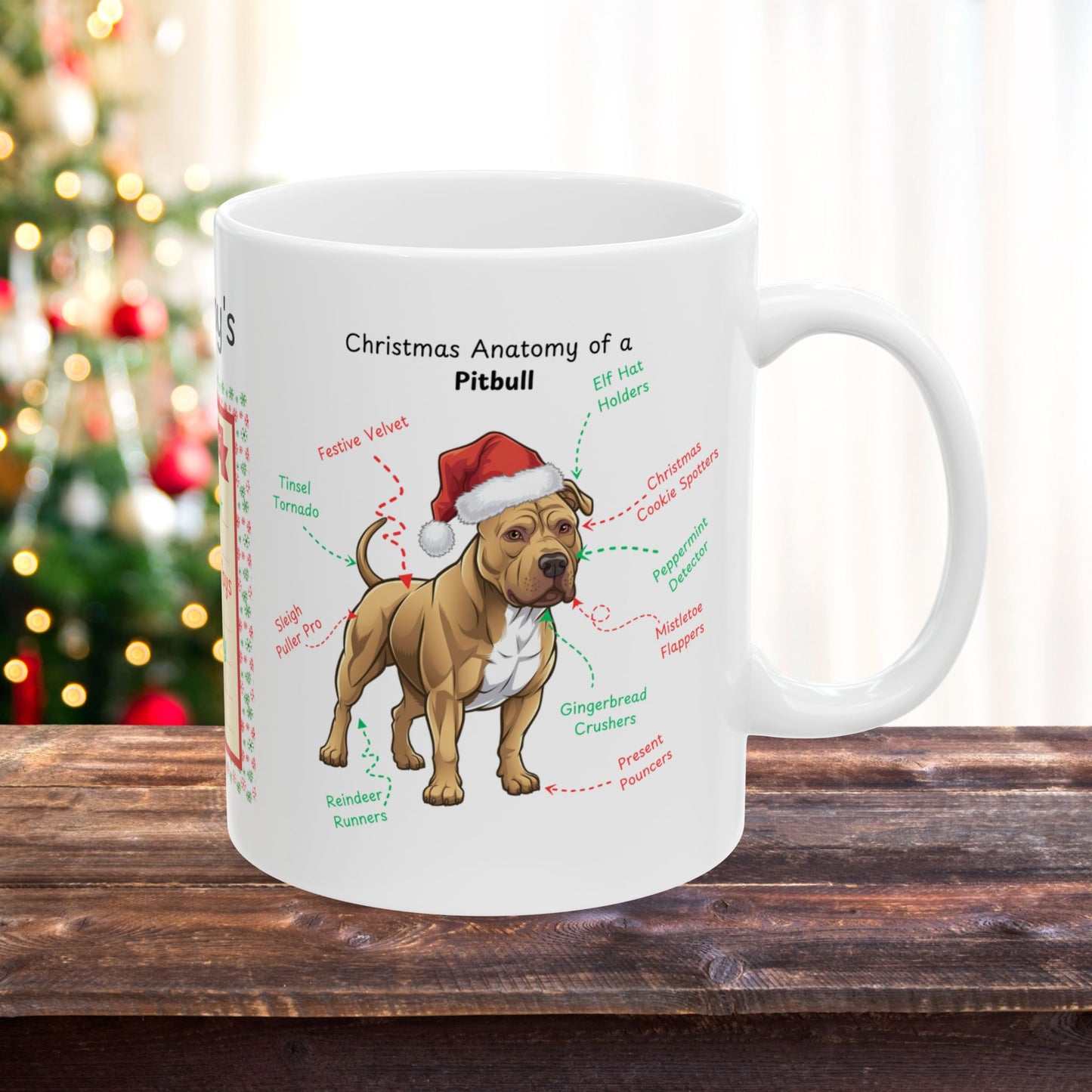 Pitbull (Buckskin) Christmas mug, personalized dog anatomy coffee cup, funny holiday gift for Pit Bull lovers