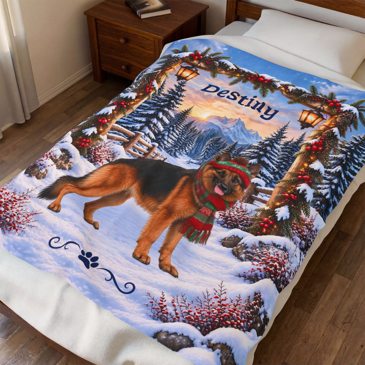 German Shepherd (Black & Red Coat) - Personalized Winter Mountain Blanket, Custom Name Velveteen Throw - MySisterIsAsurvor