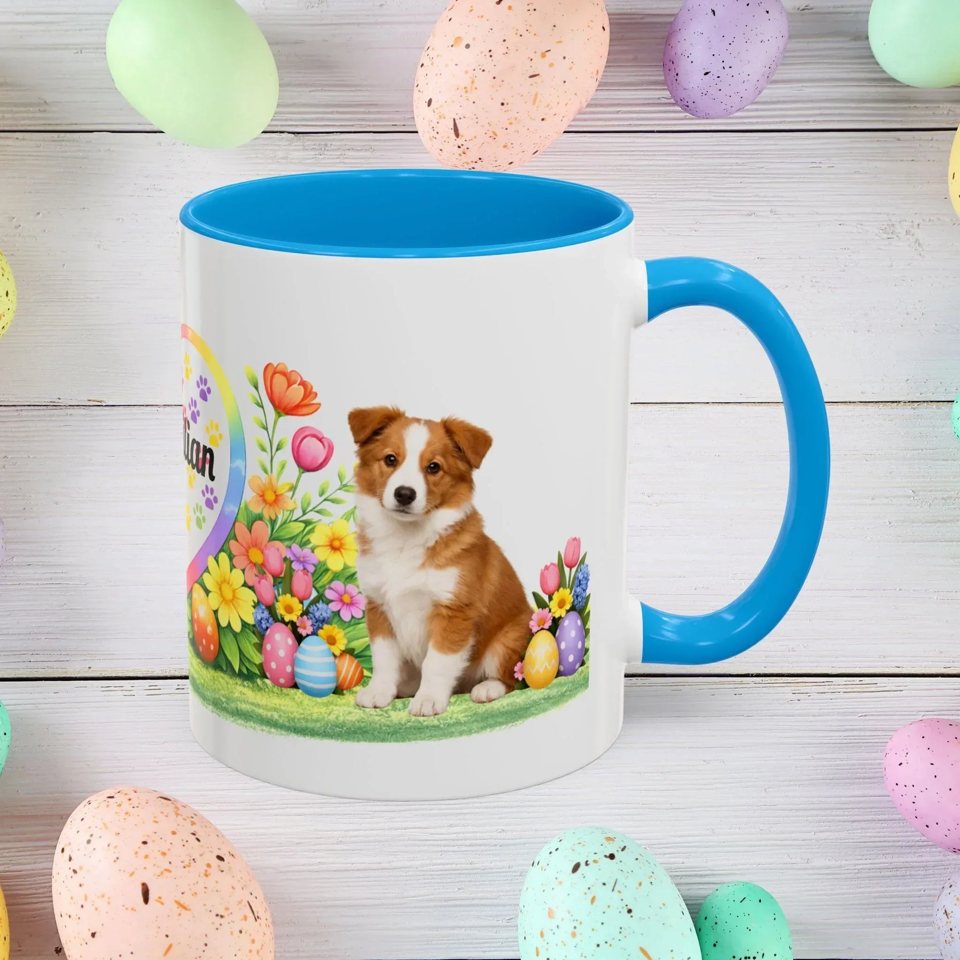 Shop our border collie red white puppy easter mug featuring the 11oz style option from MySisterIsASurvivor.