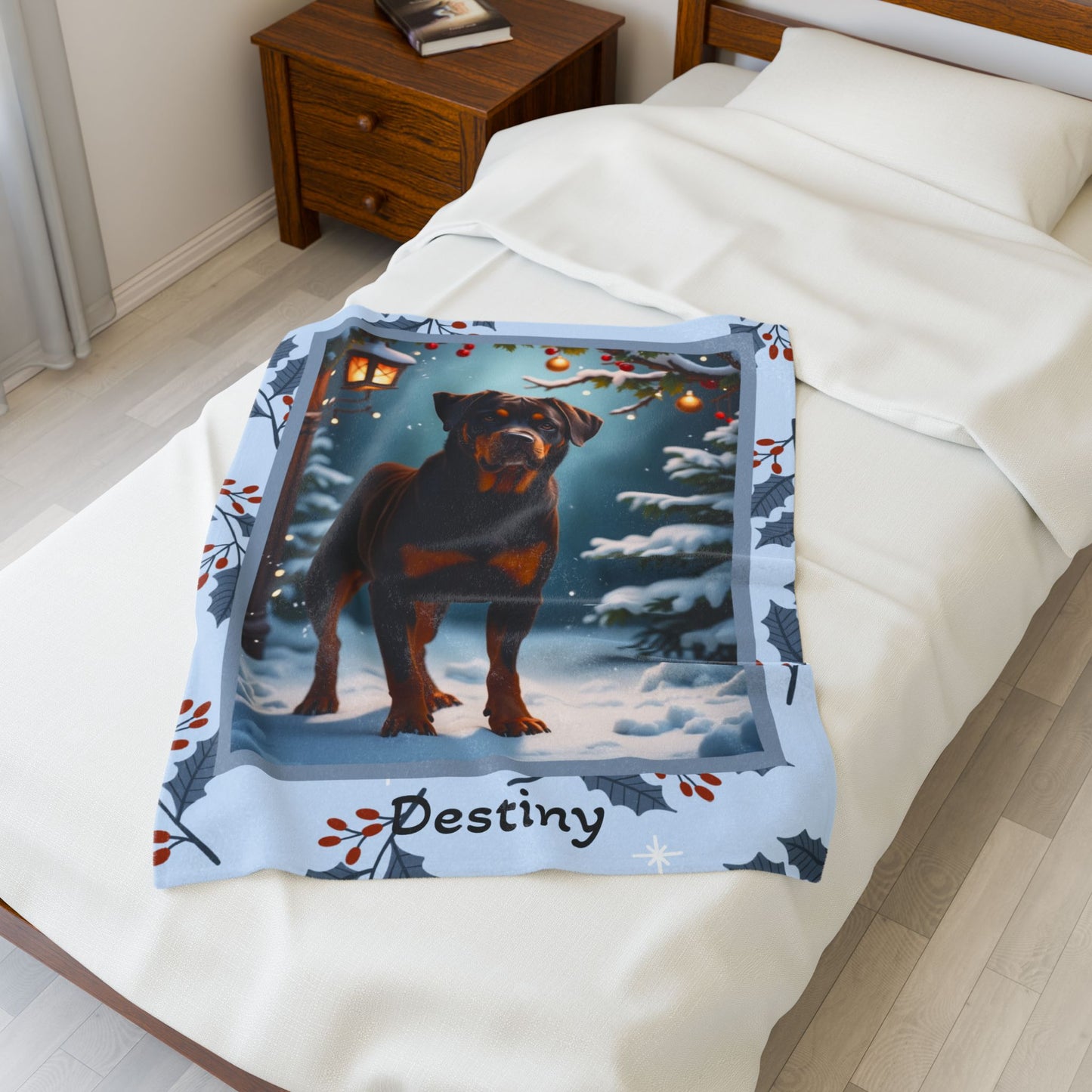 Rottweiler Chocolate personalized winter throw with a rich chocolate Rottweiler illustrated in a bright lodge setting