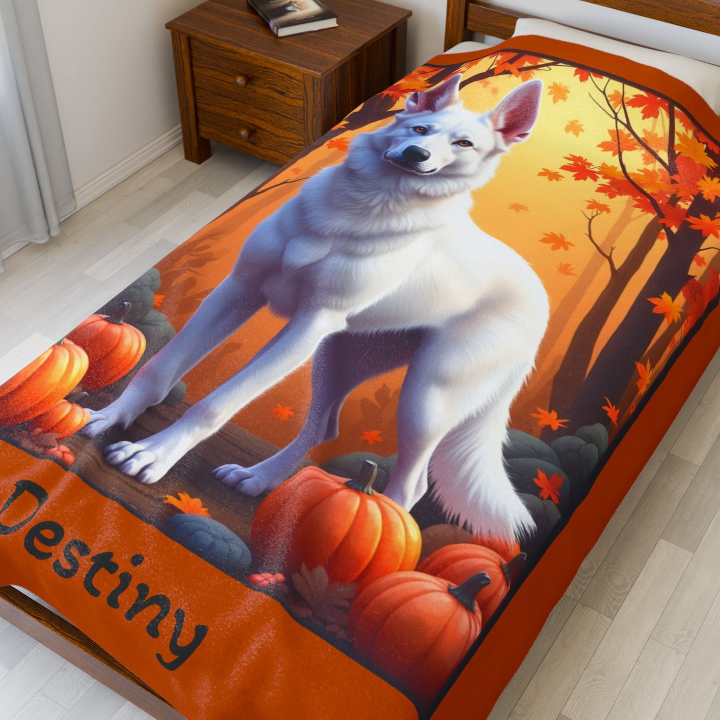 German Shepherd (White) Plush Velveteen Blanket - Custom dog throw, gift for GSD owners