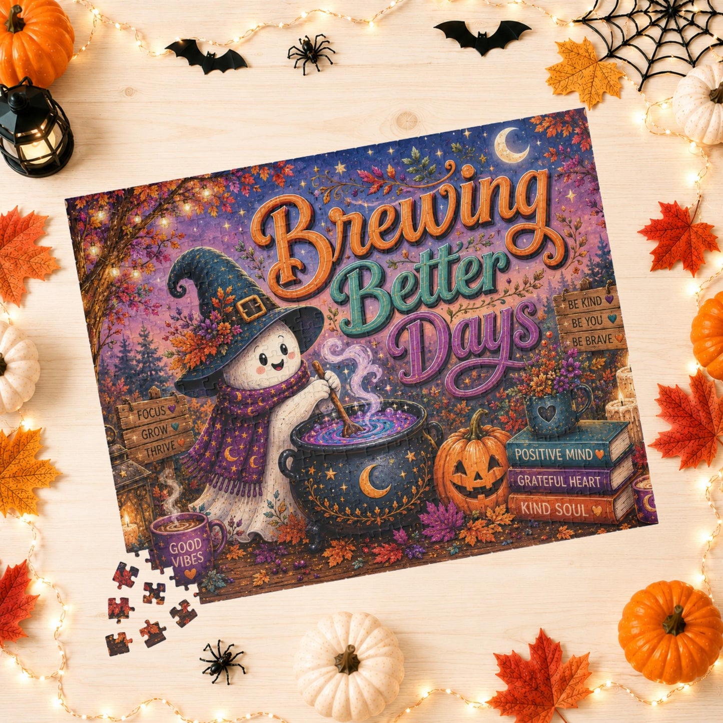 Brewing Better Days Halloween Puzzle - Ghost Stirring Cauldron with Good Vibes Mug and Affirmation Books