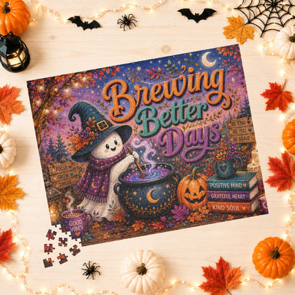Brewing Better Days Halloween Puzzle - Ghost Stirring Cauldron with Good Vibes Mug and Affirmation Books