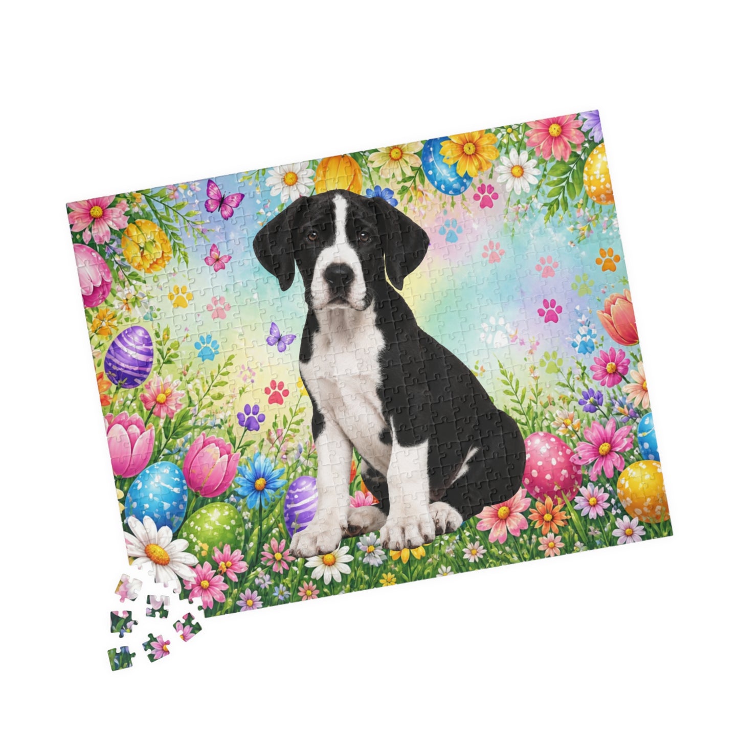 Great Dane (Mantle) Easter Puppy Puzzle - Spring Garden with Eggs, Tulips, and Daisies