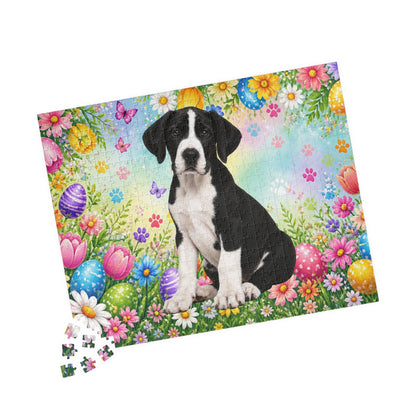 Great Dane (Mantle) Easter Puppy Puzzle - Spring Garden with Eggs, Tulips, and Daisies