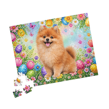 Pomeranian (Orange Sable) Easter Puppy Puzzle - Spring Garden with Eggs, Tulips, and Daisies