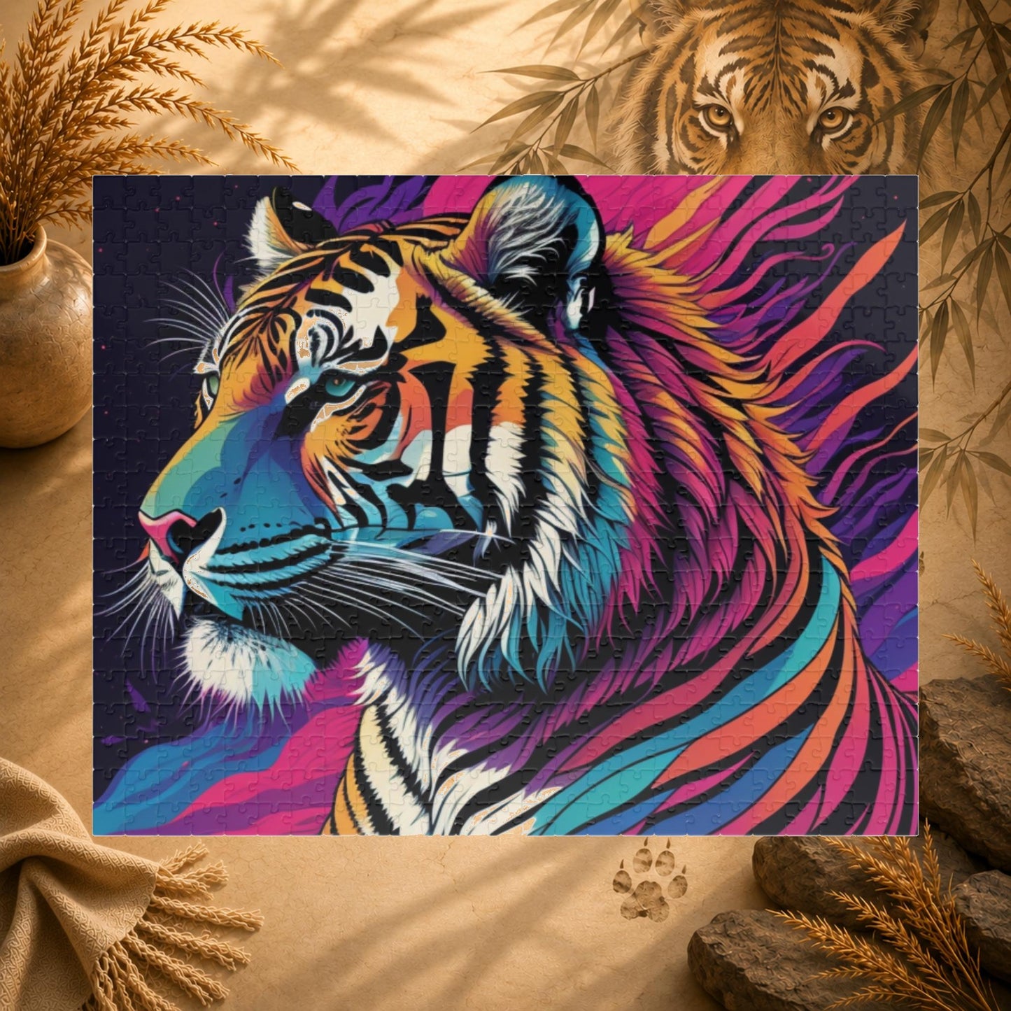 Majestic Mindfulness - Psychedelic Tiger Puzzle with Rainbow Mane and Deep Purple Background