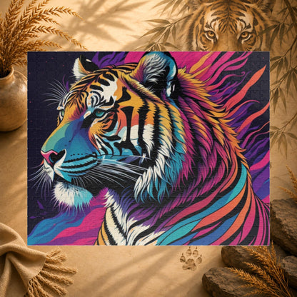 Majestic Mindfulness - Psychedelic Tiger Puzzle with Rainbow Mane and Deep Purple Background