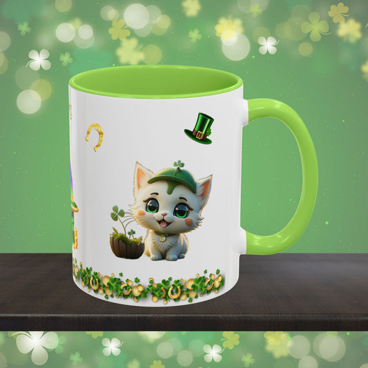 Clover Comfort Cat: St. Patrick's Day Two-Tone Coffee Mug - Festive Ceramic Mug for Positivity & Mindfulness