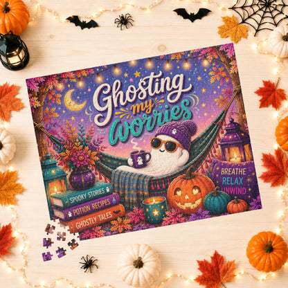 Ghosting My Worries Halloween Puzzle - Unbothered Ghost in Hammock with Breathe Relax Unwind Pillow