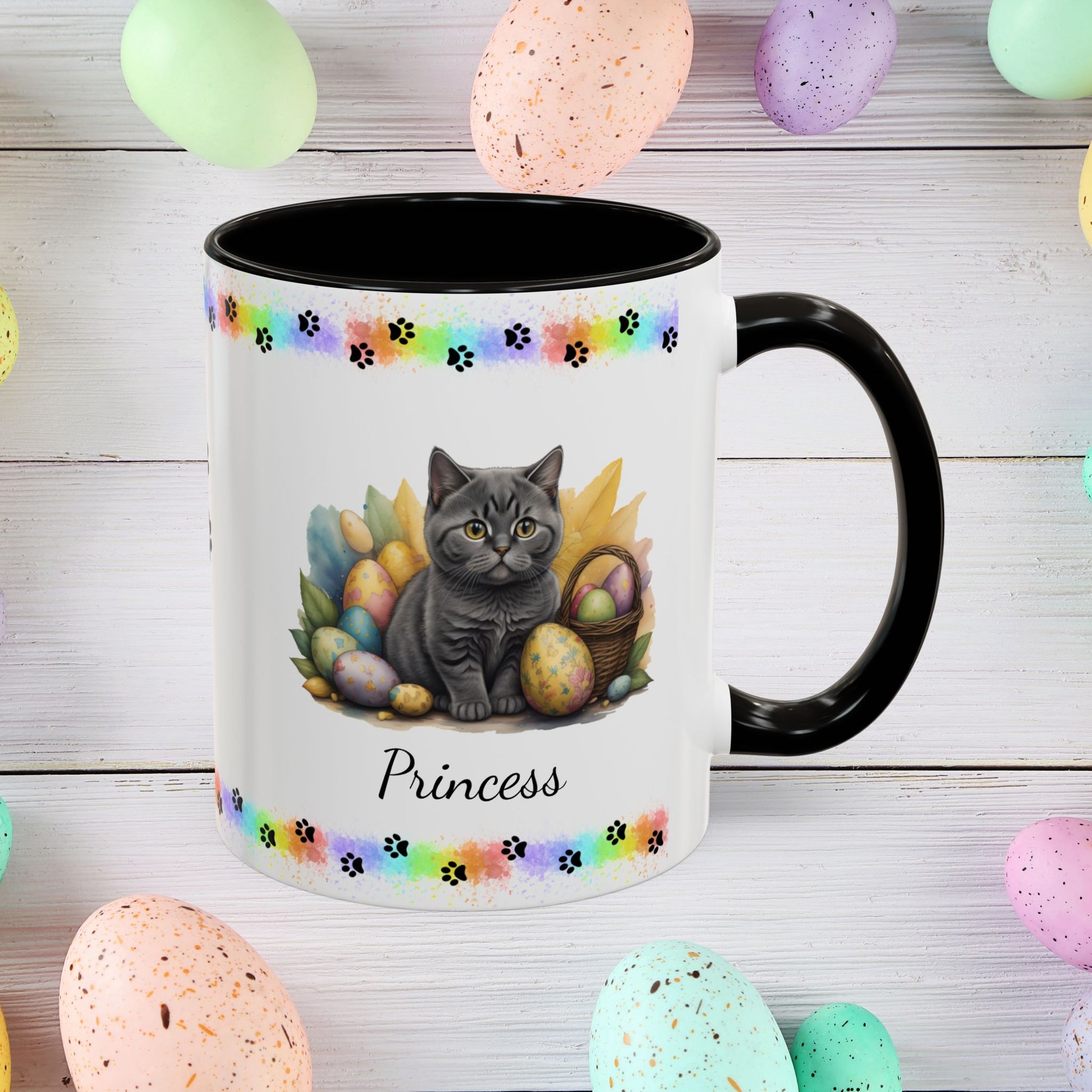 British Shorthair: Personalized Easter Kitten Coffee Mug - Adorable Cat Design, Mental Health Gift, 11oz & 15oz, 12 Color Choices, Easter Gifts & Décor