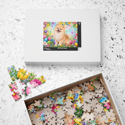 Pomeranian (Cream Sable) Easter Puppy Puzzle - Spring Garden with Eggs, Tulips, and Daisies
