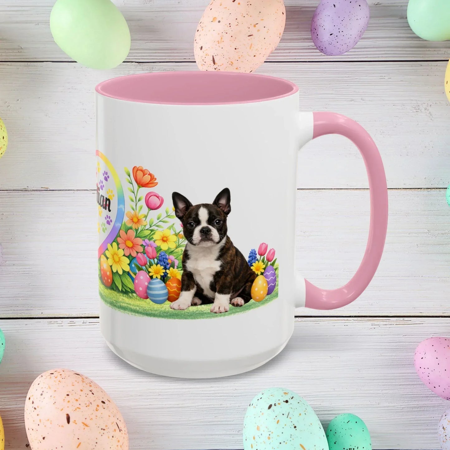 Shop our boston terrier brindle puppy easter mug featuring the 15oz style option from MySisterIsASurvivor.
