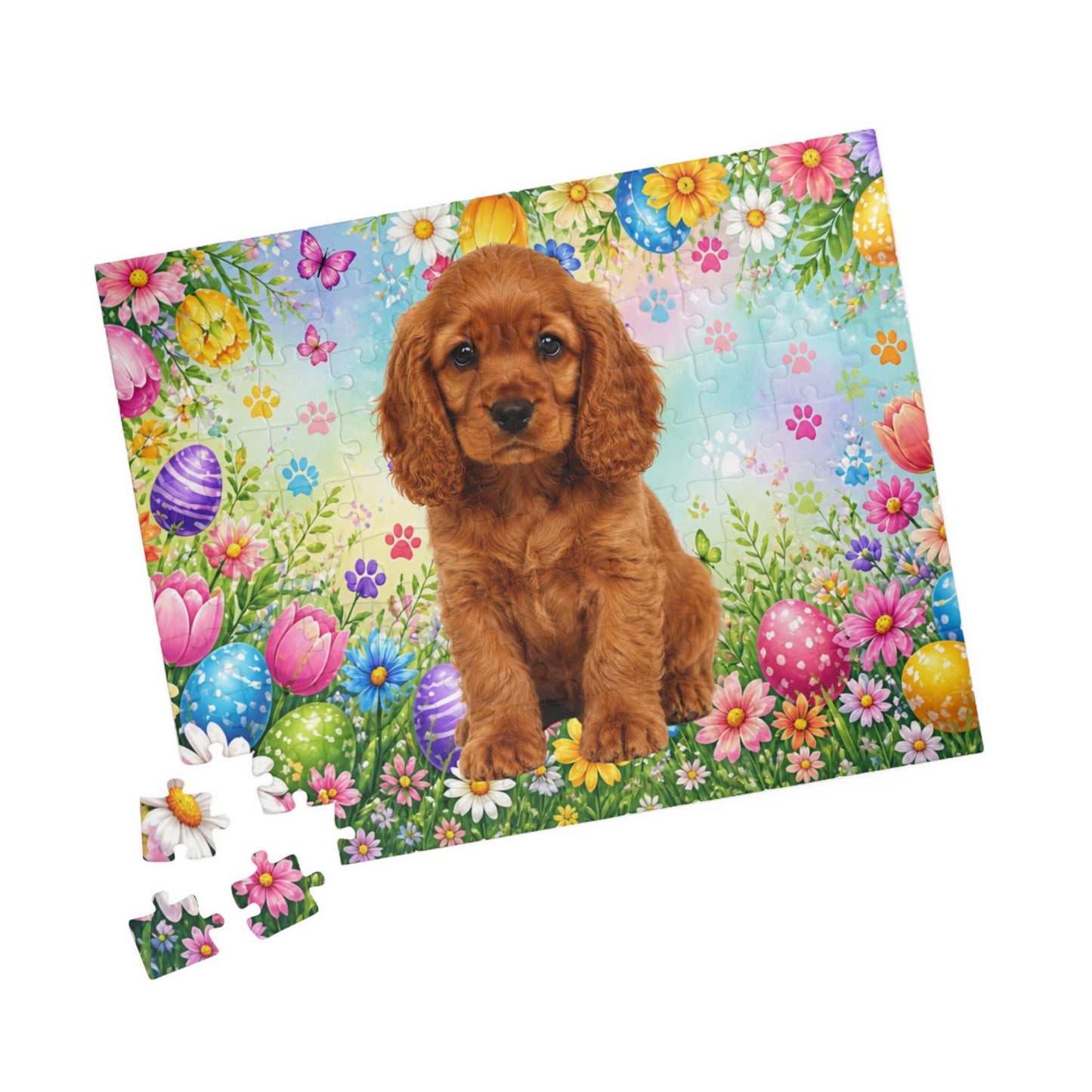 American Cocker Spaniel (Red) Easter Puppy Puzzle - Spring Garden with Eggs, Tulips, and Daisies