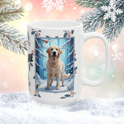 Golden Retriever (White) Winter Mug - white Golden Retriever artwork standing in a peaceful winter scene with snow