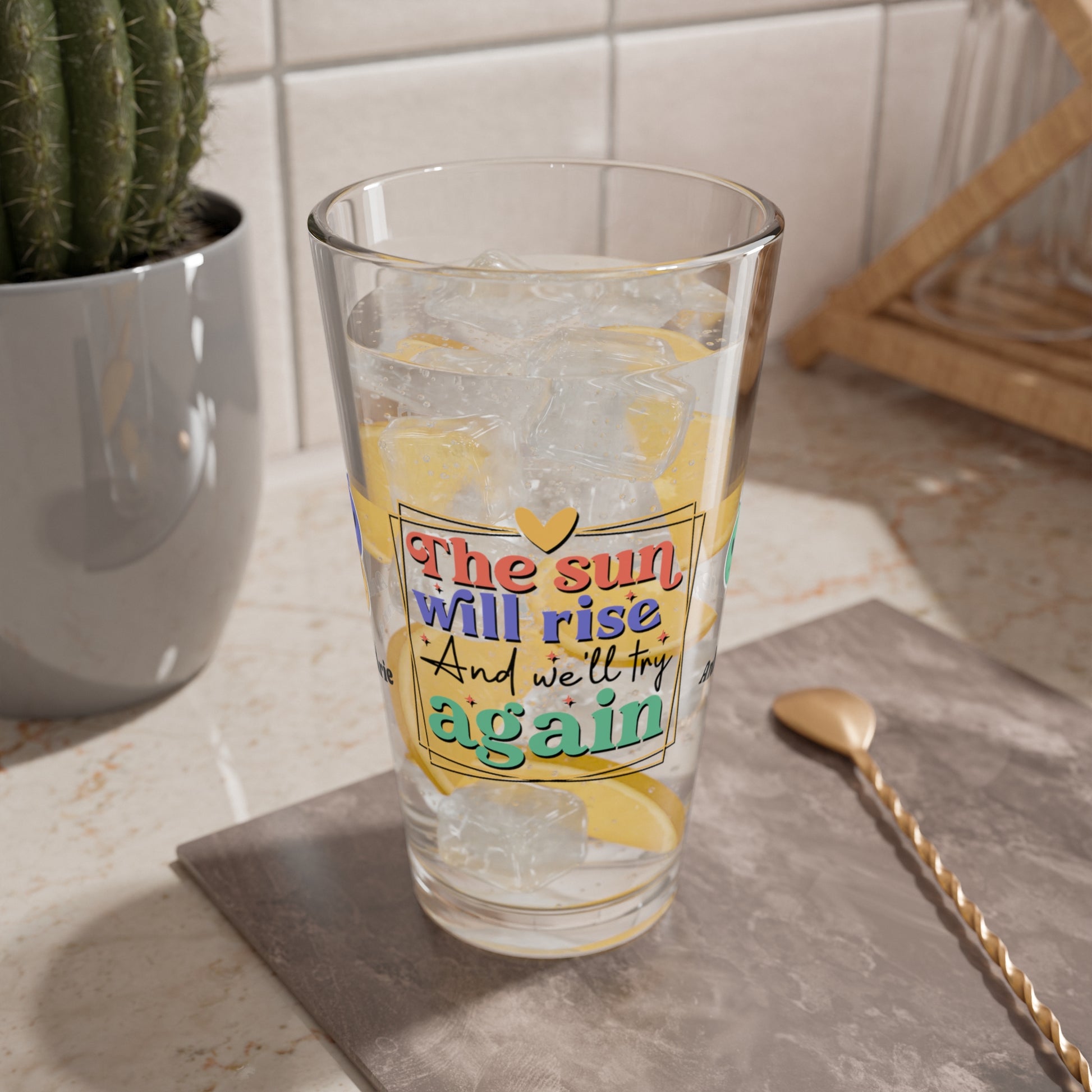 The Sun Will Rise Again retro pint glass with hopeful mental health message