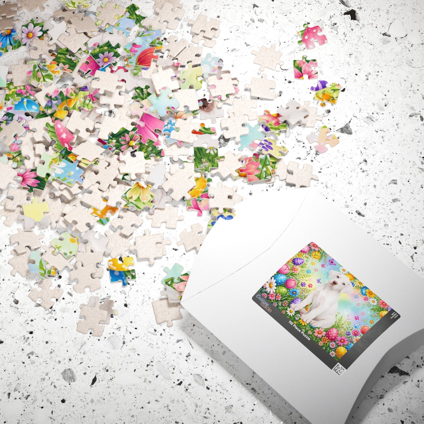 Great Dane (White) Easter Puppy Puzzle - Spring Garden with Eggs, Tulips, and Daisies