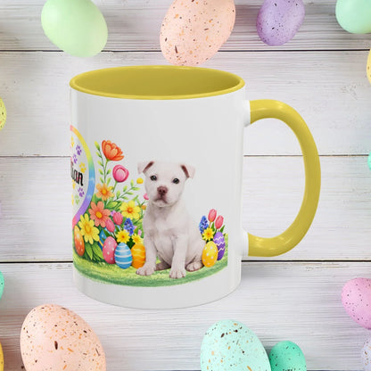 Shop our pitbull white puppy easter mug featuring the 15oz style option from MySisterIsASurvivor.